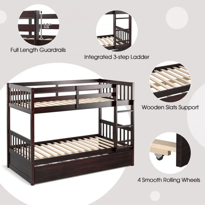 Double Deck Bunk Bed with Ladder, Guard Rails and Single Trundle Bed