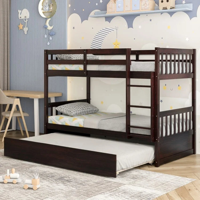 Double Deck Bunk Bed with Ladder, Guard Rails and Single Trundle Bed