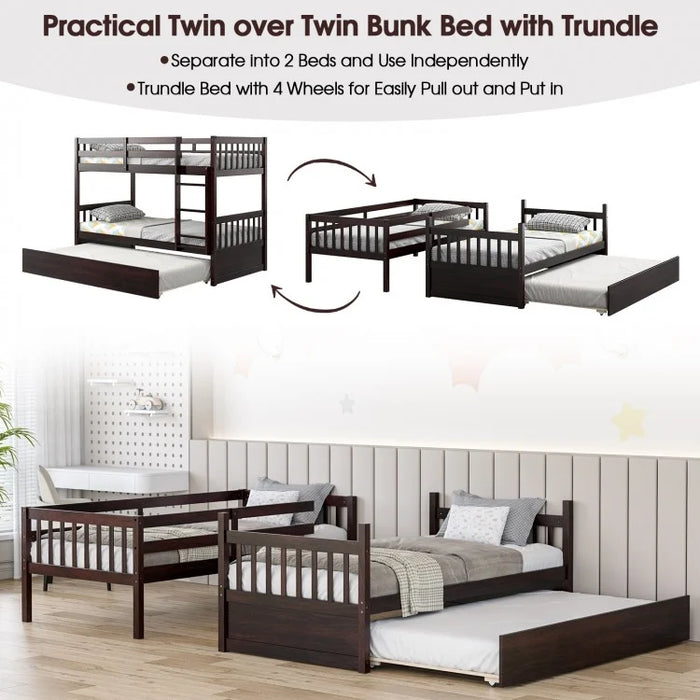 Double Deck Bunk Bed with Ladder, Guard Rails and Single Trundle Bed