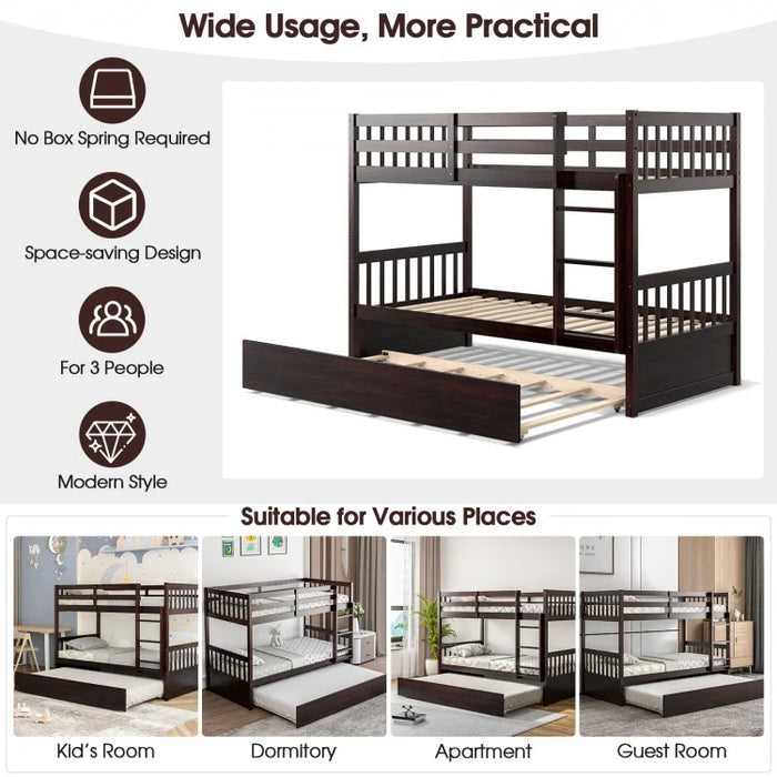 Double Deck Bunk Bed with Ladder, Guard Rails and Single Trundle Bed