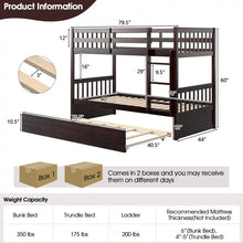 Load image into Gallery viewer, Double Deck Bunk Bed with Ladder, Guard Rails and Single Trundle Bed
