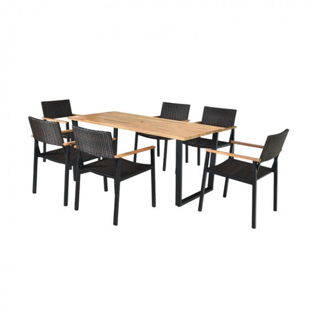 Outdoor Farmhouse Dining Room Table Set - 7-Piece Set Including 1 Long Table and 6 Chairs - Suitable for Backyard and Garden Gatherings