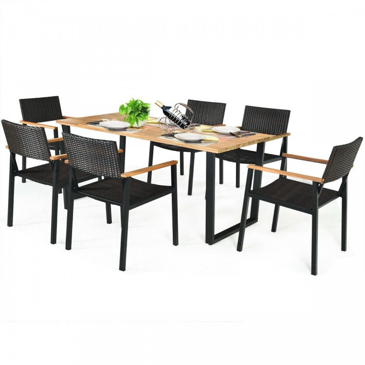 Outdoor Farmhouse Dining Room Table Set - 7-Piece Set Including 1 Long Table and 6 Chairs - Suitable for Backyard and Garden Gatherings