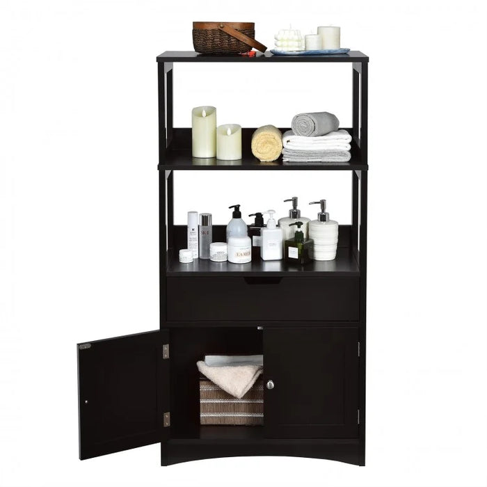 3-Tier Bathroom Cabinet with Doors and Floor-Standing Storage