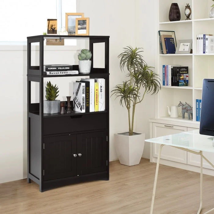 3-Tier Bathroom Cabinet with Doors and Floor-Standing Storage