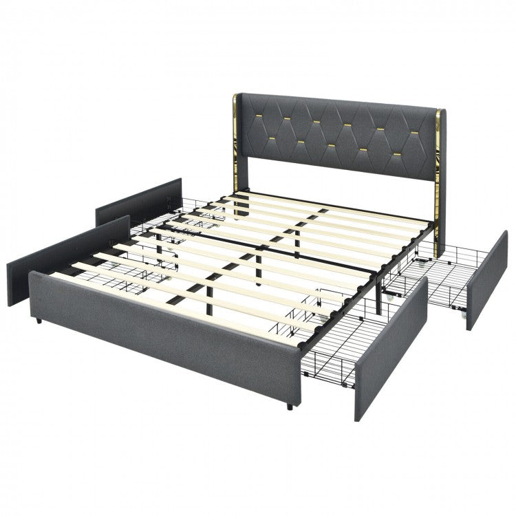 Grey Upholstered High Headboard Bed Frame with 4 Drawers