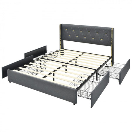 Grey Upholstered High Headboard Bed Frame with 4 Drawers