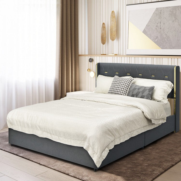 Grey Upholstered High Headboard Bed Frame with 4 Drawers