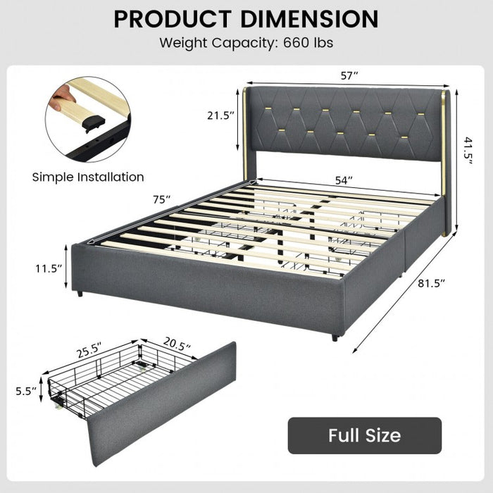 Grey Upholstered High Headboard Bed Frame with 4 Drawers