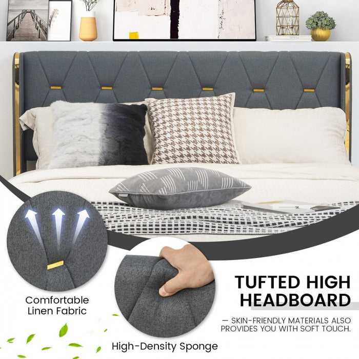 Grey Upholstered High Headboard Bed Frame with 4 Drawers