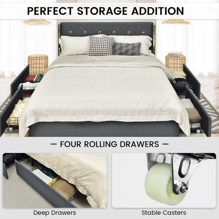 Grey Upholstered High Headboard Bed Frame with 4 Drawers
