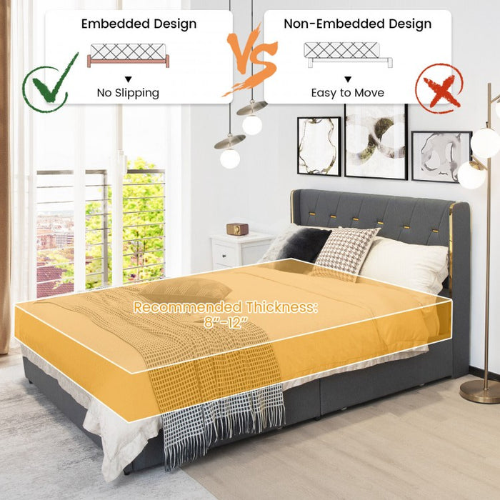Grey Upholstered High Headboard Bed Frame with 4 Drawers