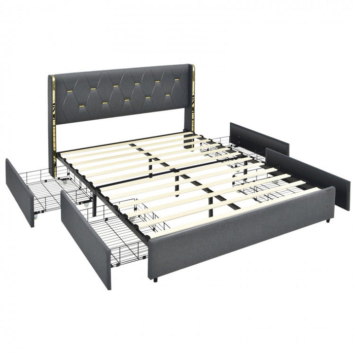 Grey Upholstered High Headboard Bed Frame with 4 Drawers