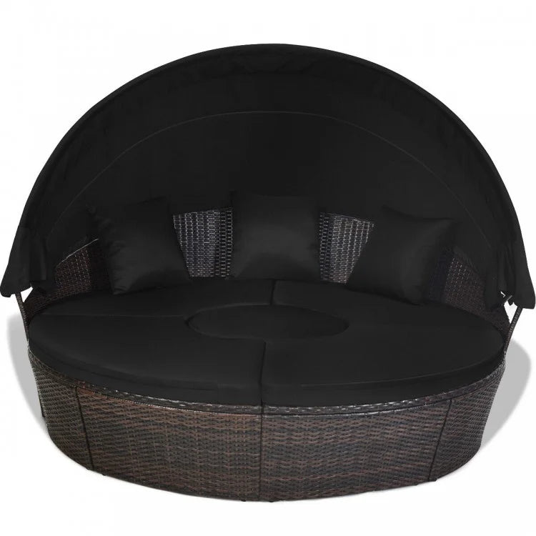 Outdoor Convertible Sofa Bed with Retractable Canopy, Coffee Table, and Pergola