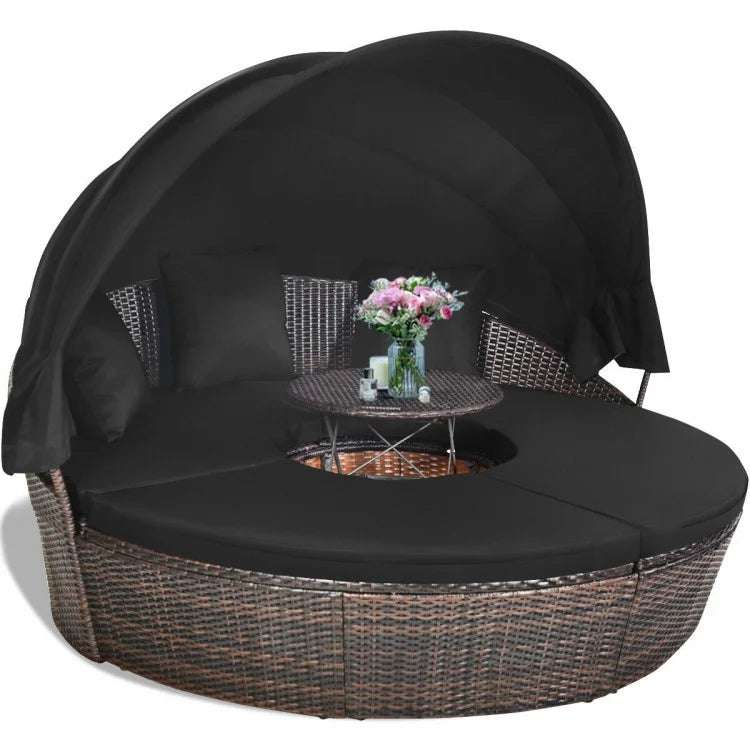 Outdoor Convertible Sofa Bed with Retractable Canopy, Coffee Table, and Pergola