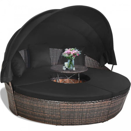 Outdoor Convertible Sofa Bed with Retractable Canopy, Coffee Table, and Pergola