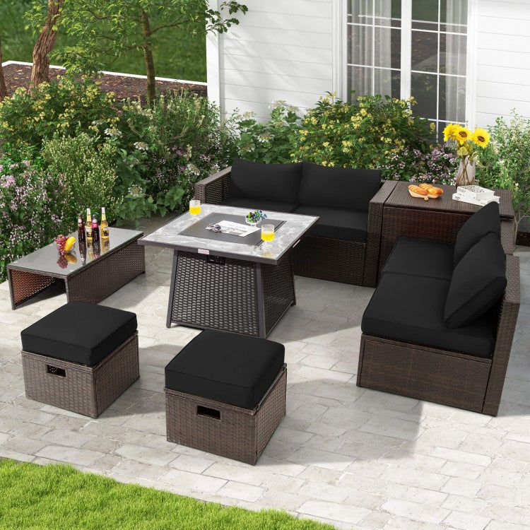 9-Piece Outdoor Patio Furniture Sofa Set with Fire Pit Table and Waterproof Covers
