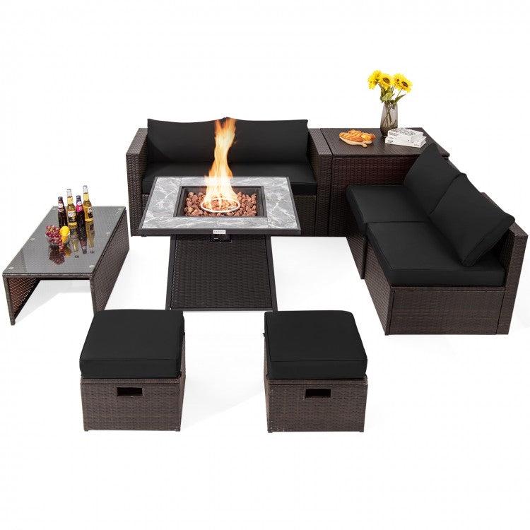 9-Piece Outdoor Patio Furniture Sofa Set with Fire Pit Table and Waterproof Covers