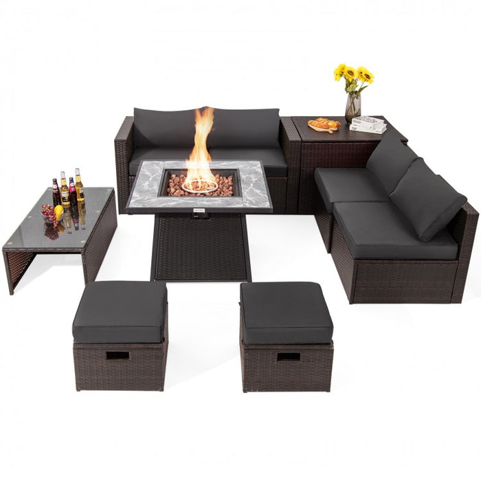 9-Piece Outdoor Patio Furniture Sofa Set with Fire Pit Table and Waterproof Covers