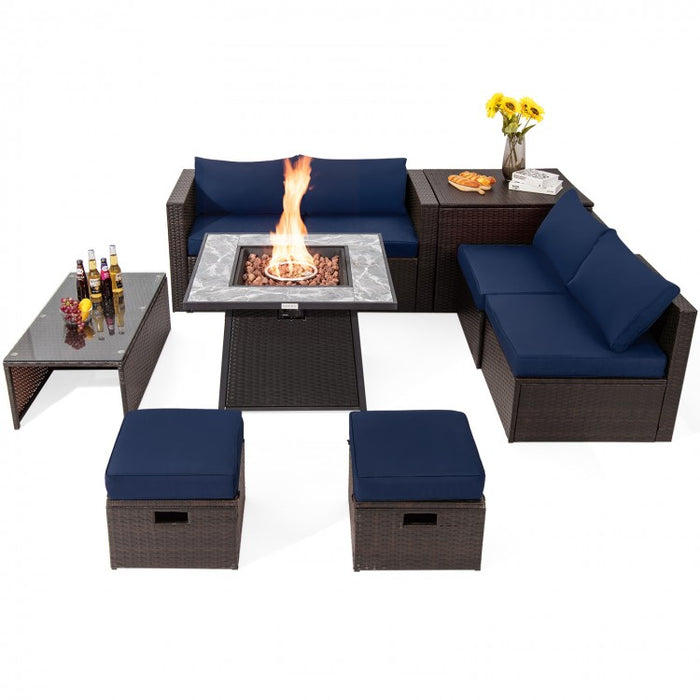 9-Piece Outdoor Patio Furniture Sofa Set with Fire Pit Table and Waterproof Covers