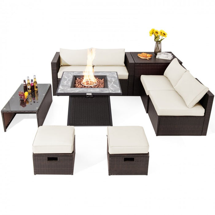 9-Piece Outdoor Patio Furniture Sofa Set with Fire Pit Table and Waterproof Covers