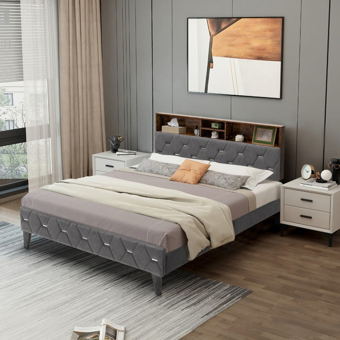 Modern Minimalist Upholstered Bed Frame with Storage Headboard