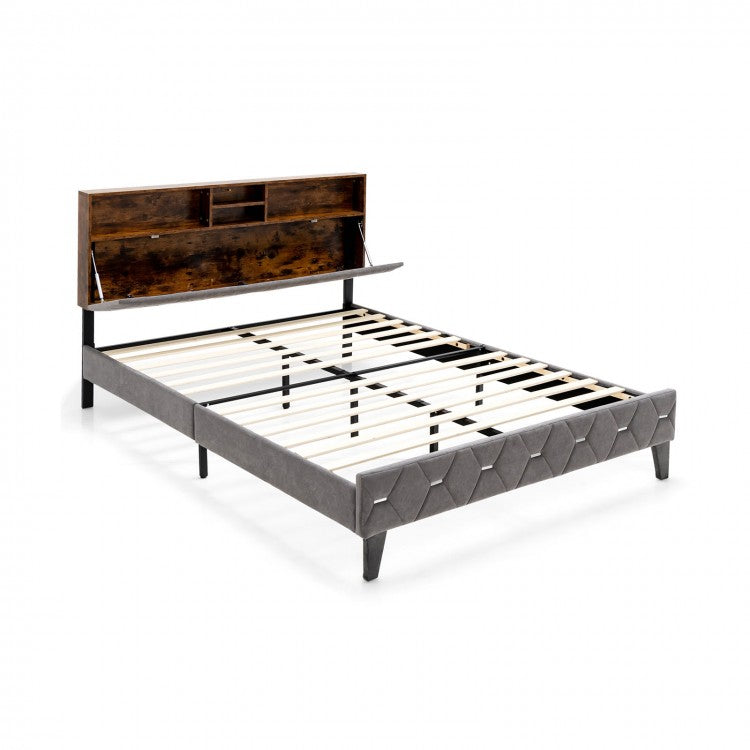 Modern Minimalist Upholstered Bed Frame with Storage Headboard