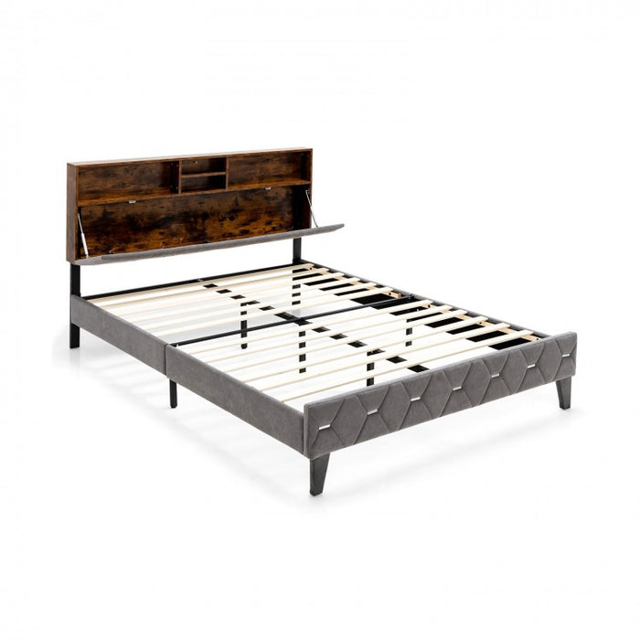 Modern Minimalist Upholstered Bed Frame with Storage Headboard