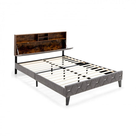 Modern Minimalist Upholstered Bed Frame with Storage Headboard