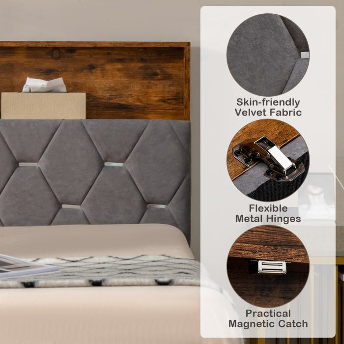 Modern Minimalist Upholstered Bed Frame with Storage Headboard
