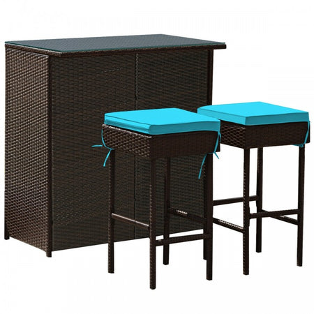 3-Piece Outdoor Wicker Rattan Bar Furniture Set with Comfortable Cushions