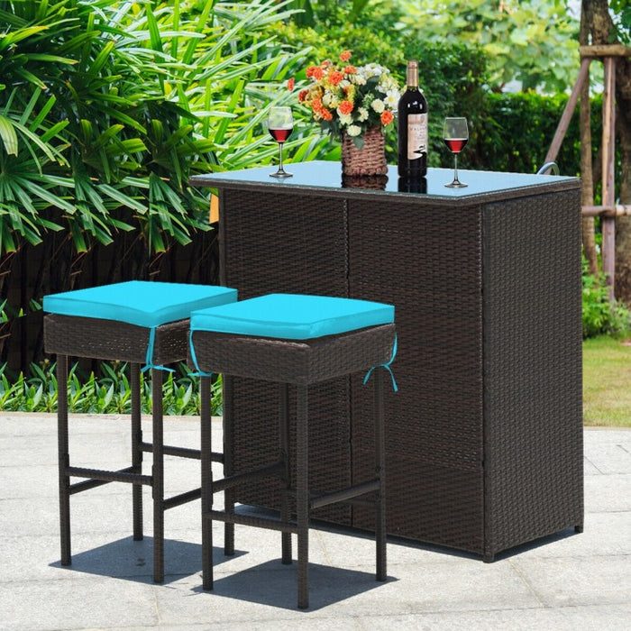 3-Piece Outdoor Wicker Rattan Bar Furniture Set with Comfortable Cushions