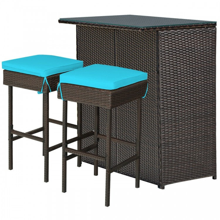3-Piece Outdoor Wicker Rattan Bar Furniture Set with Comfortable Cushions