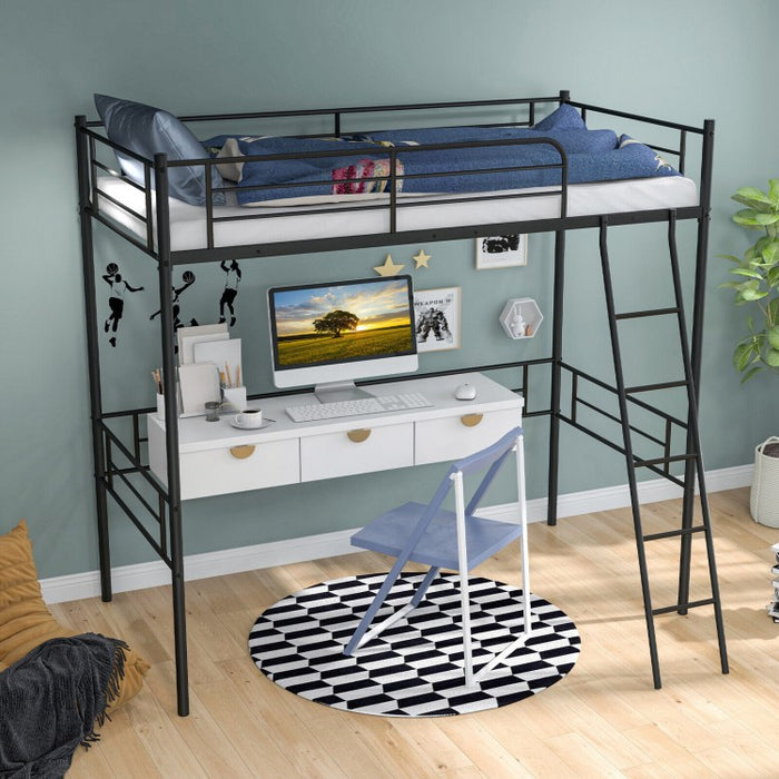 Multifunctional Black Metal Loft Bed Frame with Railing and Ladder