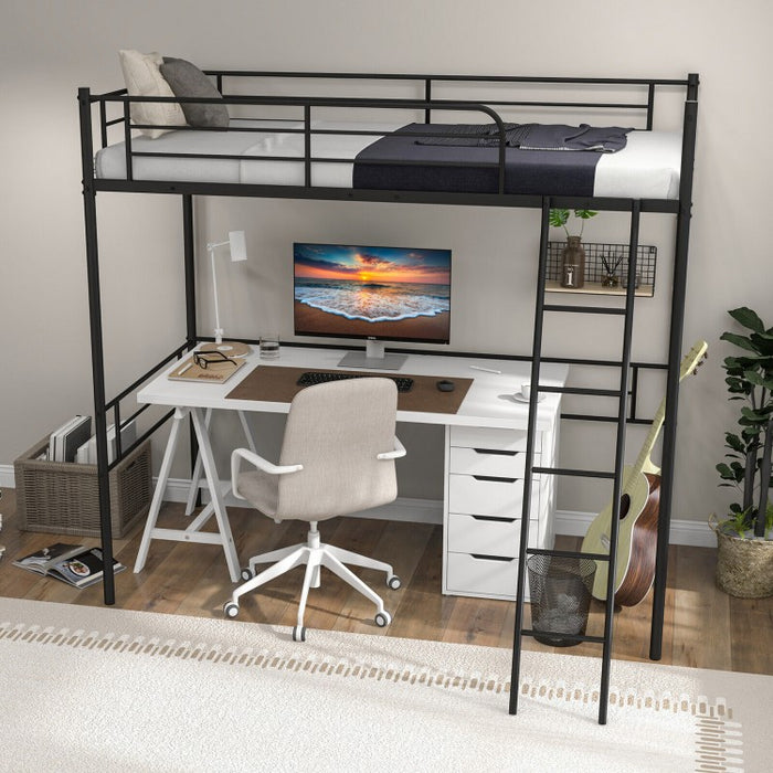 Multifunctional Black Metal Loft Bed Frame with Railing and Ladder