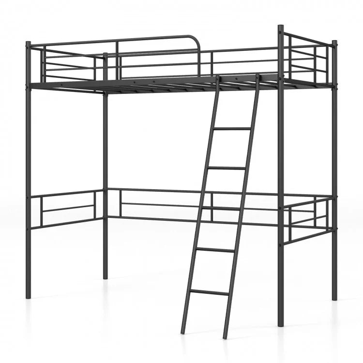 Multifunctional Black Metal Loft Bed Frame with Railing and Ladder