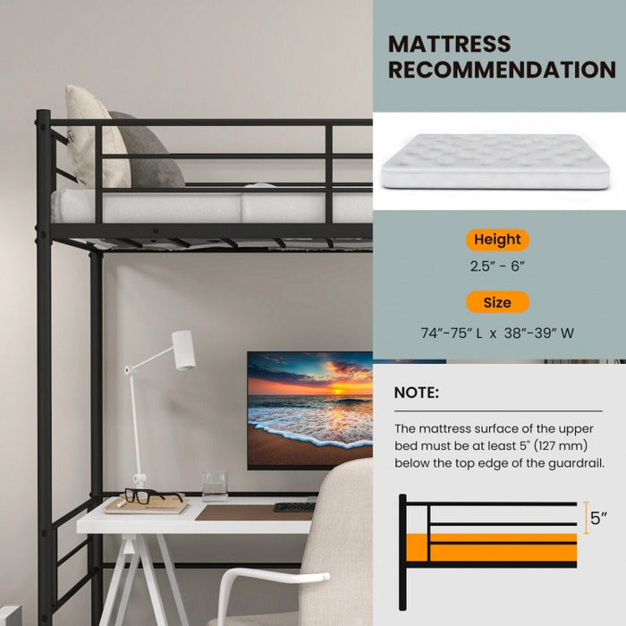 Multifunctional Black Metal Loft Bed Frame with Railing and Ladder