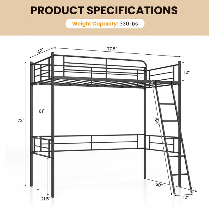 Multifunctional Black Metal Loft Bed Frame with Railing and Ladder