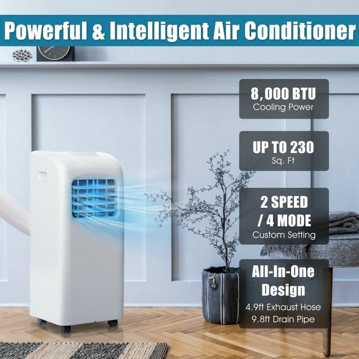 8000 BTU Portable Air Conditioner with Dehumidifier Function, 24-Hour Timer, and Remote Control