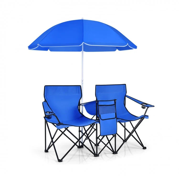 Outdoor Folding Camping Chair with Sunshade Umbrella - Double Chair Suitable for Beach, Camping, and Fishing