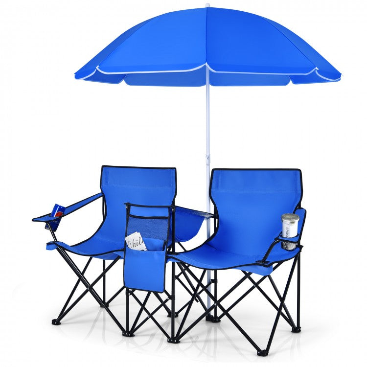 Outdoor Folding Camping Chair with Sunshade Umbrella - Double Chair Suitable for Beach, Camping, and Fishing