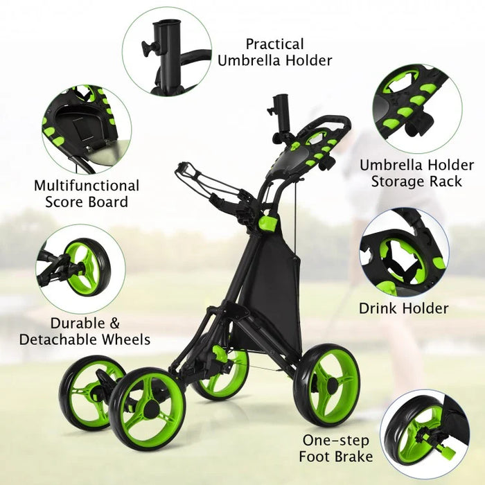 Foldable 4-Wheel Golf Push Cart with Shock Absorption and Durable Design
