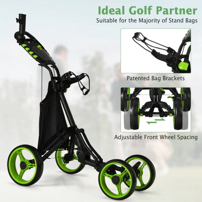 Foldable 4-Wheel Golf Push Cart with Shock Absorption and Durable Design