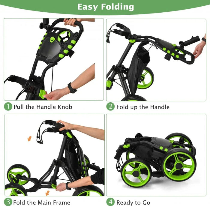 Foldable 4-Wheel Golf Push Cart with Shock Absorption and Durable Design