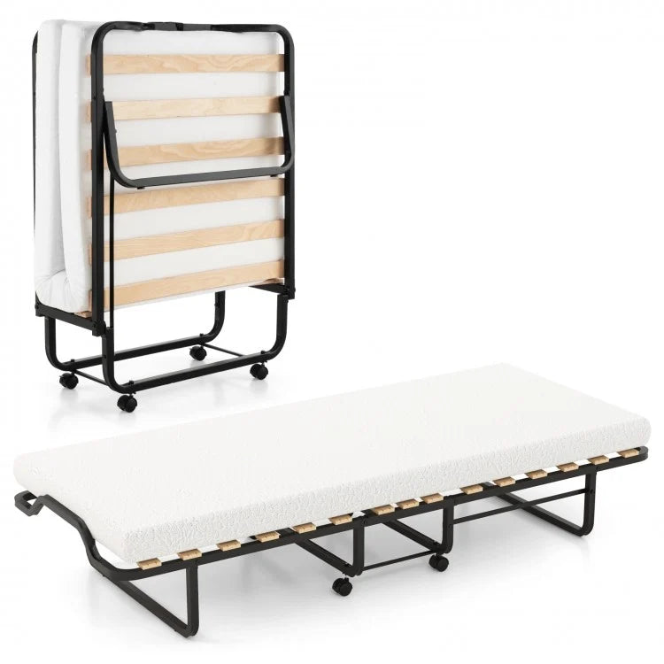 Portable Folding Double Bed with Foam Mattress and Casters