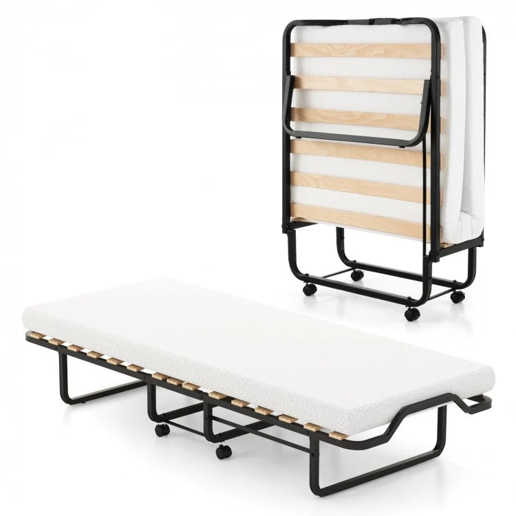 Portable Folding Double Bed with Foam Mattress and Casters