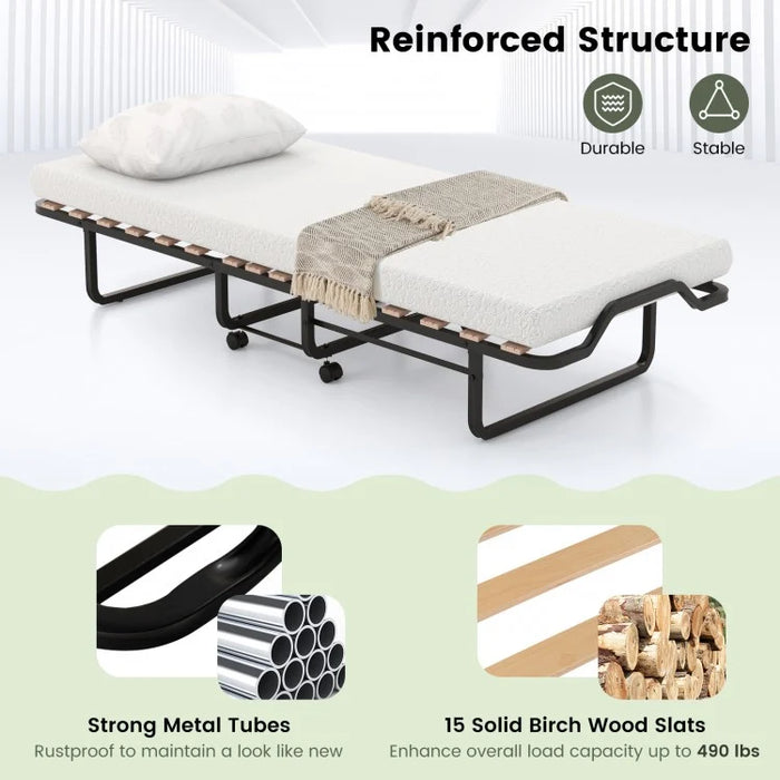 Portable Folding Double Bed with Foam Mattress and Casters