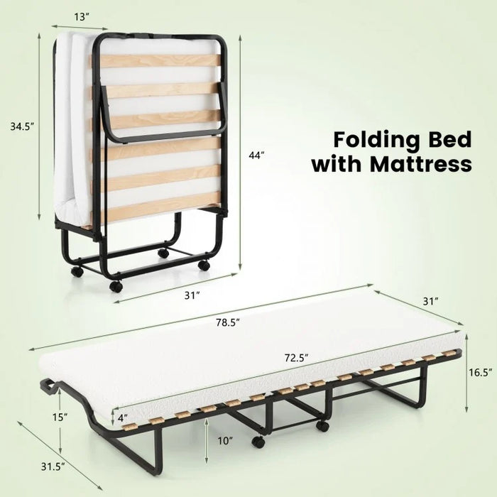 Portable Folding Double Bed with Foam Mattress and Casters