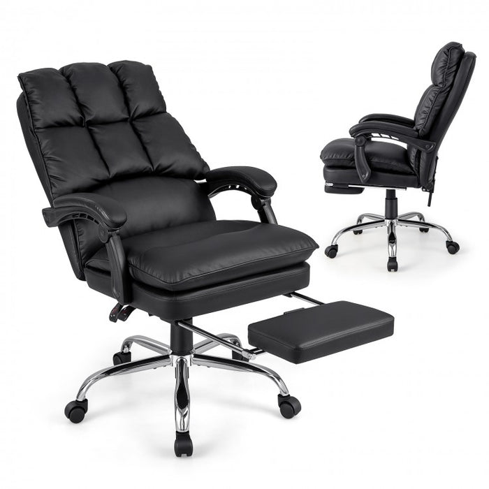 Costway Black Leather Reclining Couch with Retractable Footrest - Suitable for Bedroom, Office, and Study