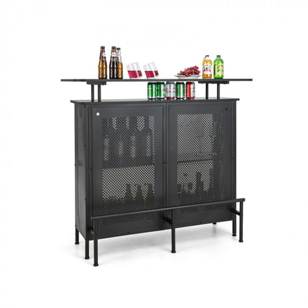 Costway Black Bar and Cabinet with 2-Tier Storage Shelves and High Glass Rack - Suitable for Bar and Restaurant